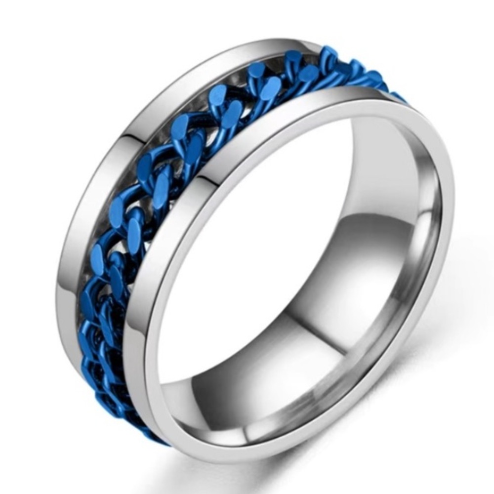 Silver Blue Chain Spinner Ring - Stainless Steel Fidget Ring Band